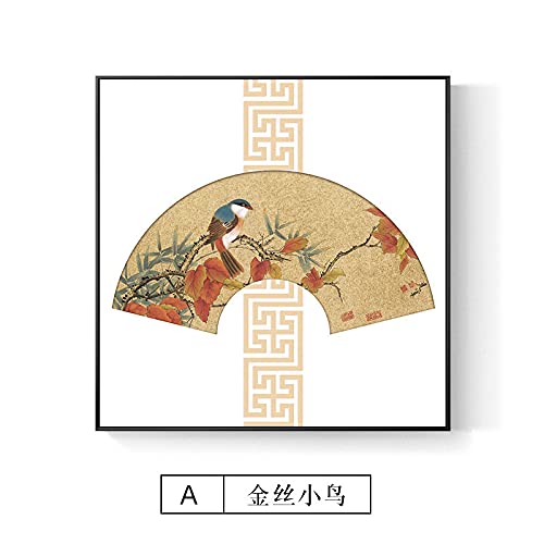Lienzo de abanico chino y pájaros para decoración elegante de salón moderno set de 2 cuadros de 80cm 3