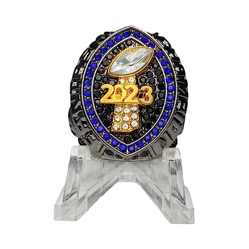 2023 Fantasy Football Championship Trophy Ring | Black Gunmetal Plated Award for Fantasy Football League Winner | Color Stones (Blue Outer)