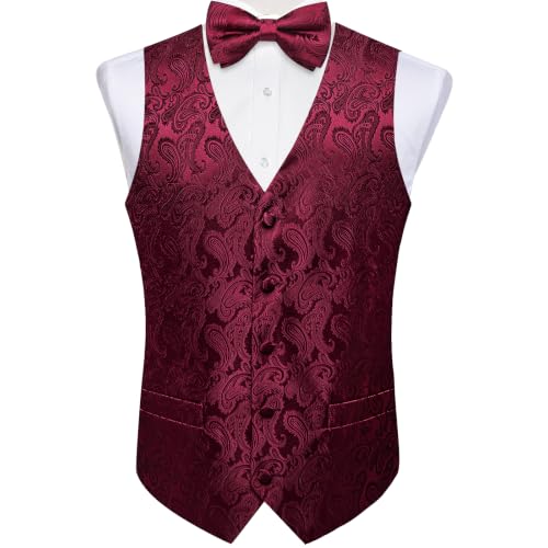 Image of DiBanGu Mens Paisley Suit Waistcoat,Silk Dress Vest and Bowtie Pocket Square Cufflinks with Lapel Pin Set for Wedding Tuxedo