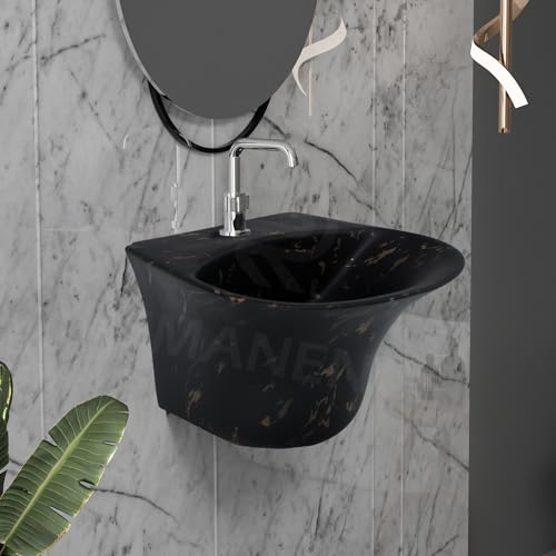 Image of REMANENCE Luxury Wall Mount Half Pedestal Wash Basin for Bathroom | Designer Wall Hung Basin | Wall Mounted Washbasin for Resturent, Hotels (16 x 16 x 11 Inch) (Black Gold Spot)