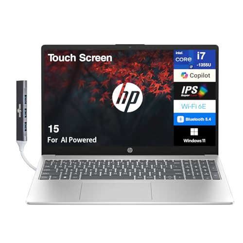 HP 15 AI Powered Laptop 15.6 Touchscreen IPS FHD Display (Intel i7-1355U 16GB DDR4 512GB SSD Intel Iris Xe WiFi 6E Webcam Bluetooth 5.4 Win 11 Home) w/DKZ USB Port Expander