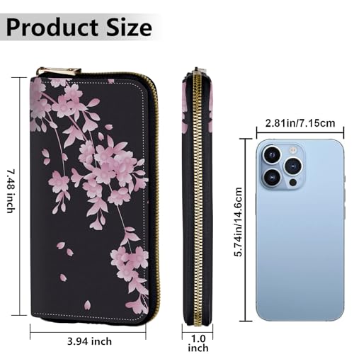 Image of Women's Wallets,Credit Card Holder Money Leather Long Wallet with Wristlet,Large Capacity with Zip-Around Phone Purse for Women Ladies Girls,Cherry Blossoms