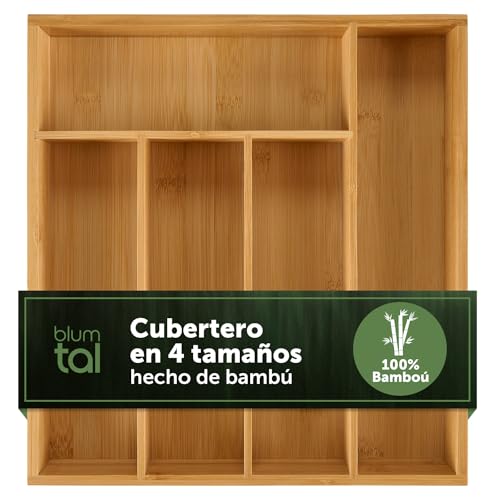 Blumtal Organizador de Cubiertos de 100% Bambú - Cubertero para Cajón de Cocina Con 5 Compartimentos