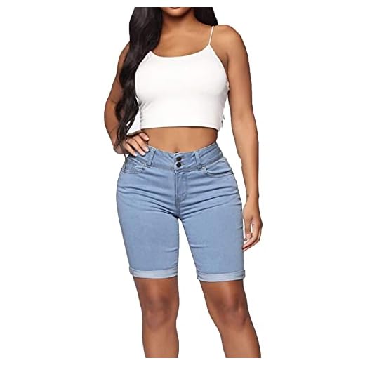 ASVR Dam denim capri jeans shorts super stretch kort sommar chinos byxor stor storlek byxor, blå, L