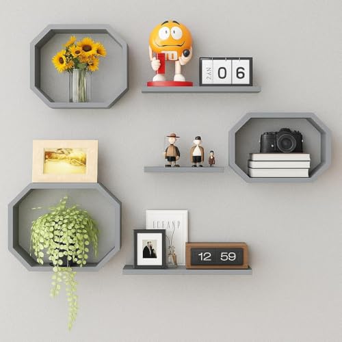 Image of Wall Mounted Floating Shelves Set of 6, Multipurpose Display, Book, Storage & Decor Shelves, Octagon Shape Wooden Wall Shelf for Living Room, Bedroom, Kitchen (Multicolor)