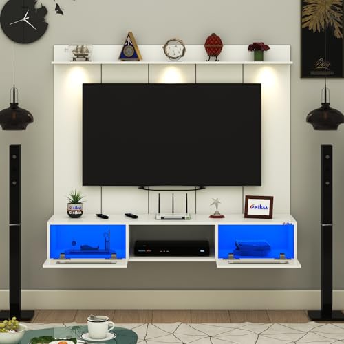 Image of Anikaa Orilo Wall Mounted PVC Back Panel TV Unit with Spot & Blue Ambient LED Light - Acrylic Storage Box, Display Shelf & Soft-Close Hinges | Ideal for UP to 50 Inch TV (White - DIY Installation)