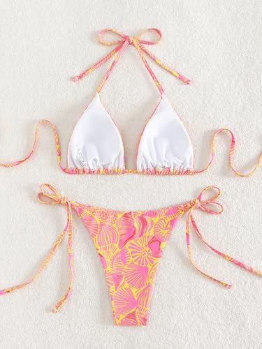 Image of ZAFUL Womens Printed Triangle Bikinis 2 Piece Halter Bikini Sets High Cut Bathing Suit Side Tie Swimsuits