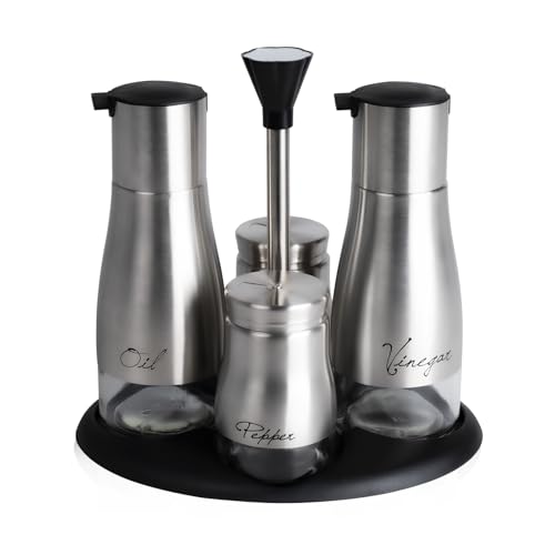 Dc Casa Set Condimenti 4 Pezzi – 2 Bottiglie Olio e Salse 300 ml con Beccuccio + 2 Barattoli Spezie 150 ml – Set Cucina per Condimenti, Olio, Aceto, Salse, Spezie e Aromi