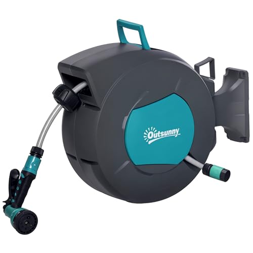 Outsunny Enrouleur tuyau arrosage automatique pivotant 180° Tuyau 15 + 1,4 m avec Lance arrosage Support Mural intégré Turquoise Gris