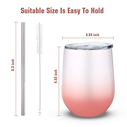 12 Oz Stainless Steel Stemless Wine Glass Tumbler, Fungun Double Wall Vacuum Insulated Wine Tumbler Mug with Lids for Coffee, Wine, Cocktails, Including 6 Straws（white and pink） - Thumbnail 7