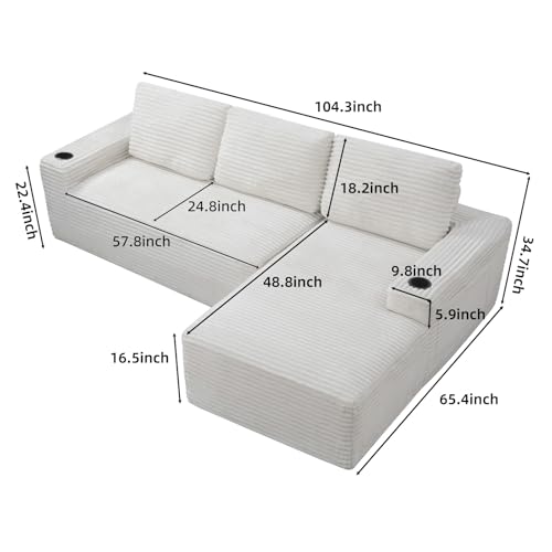 Image of 104 inch L Shaped Boneless Sectional Couches for Living Room, Comfy Corduroy Floor Cloud Sofa with Chaise and Cup Holder, Wide Armrest, Deep Seat, Assembly Free, Ideal for Small Spaces, Beige