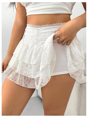 WDIRARA Women's Plus Size Lace Tiered Layer Ruffle Mini Skirt High Waist Mesh Ruched A Line Skirts3