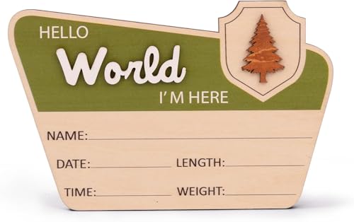 TTMerriwood Adventure Hello World I'm Here Sign, Wooden Retro Birth