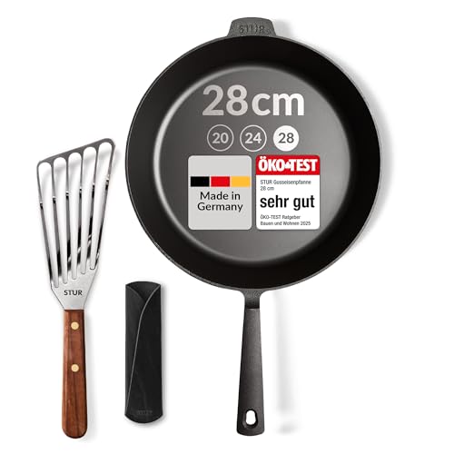 STUR - ORIGINAL Starter-Set Gusseisenpfanne Induktion 28 cm inkl. Echtleder Griffschutz & Pfannenwender - Cast Iron Pan geschliffen für alle Herdarten - Kratzfeste Pfanne Gusseisen & Zubehör