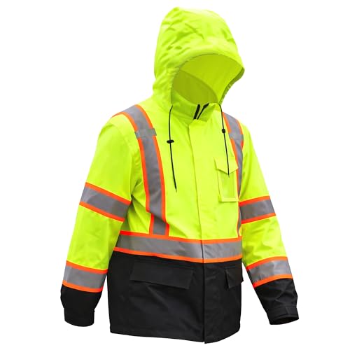 High Visibility Reflective Rain Jacket for Men ANSI Class 3 Waterproof Hi Vis Safety Rain Gear & Rain Coat for Construction and Road Work Yellow with Black Bottom (L/XL)