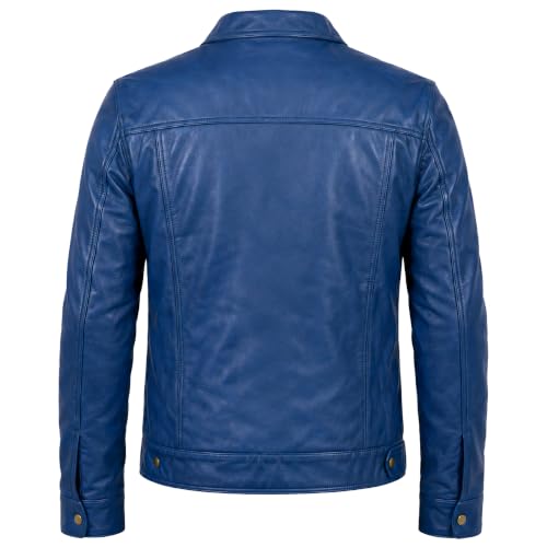 Image of Vintage Style Trucker Leather Jacket Men Real Lambskin Vintage Trucker Shirt Collar Mens Leather Jackets
