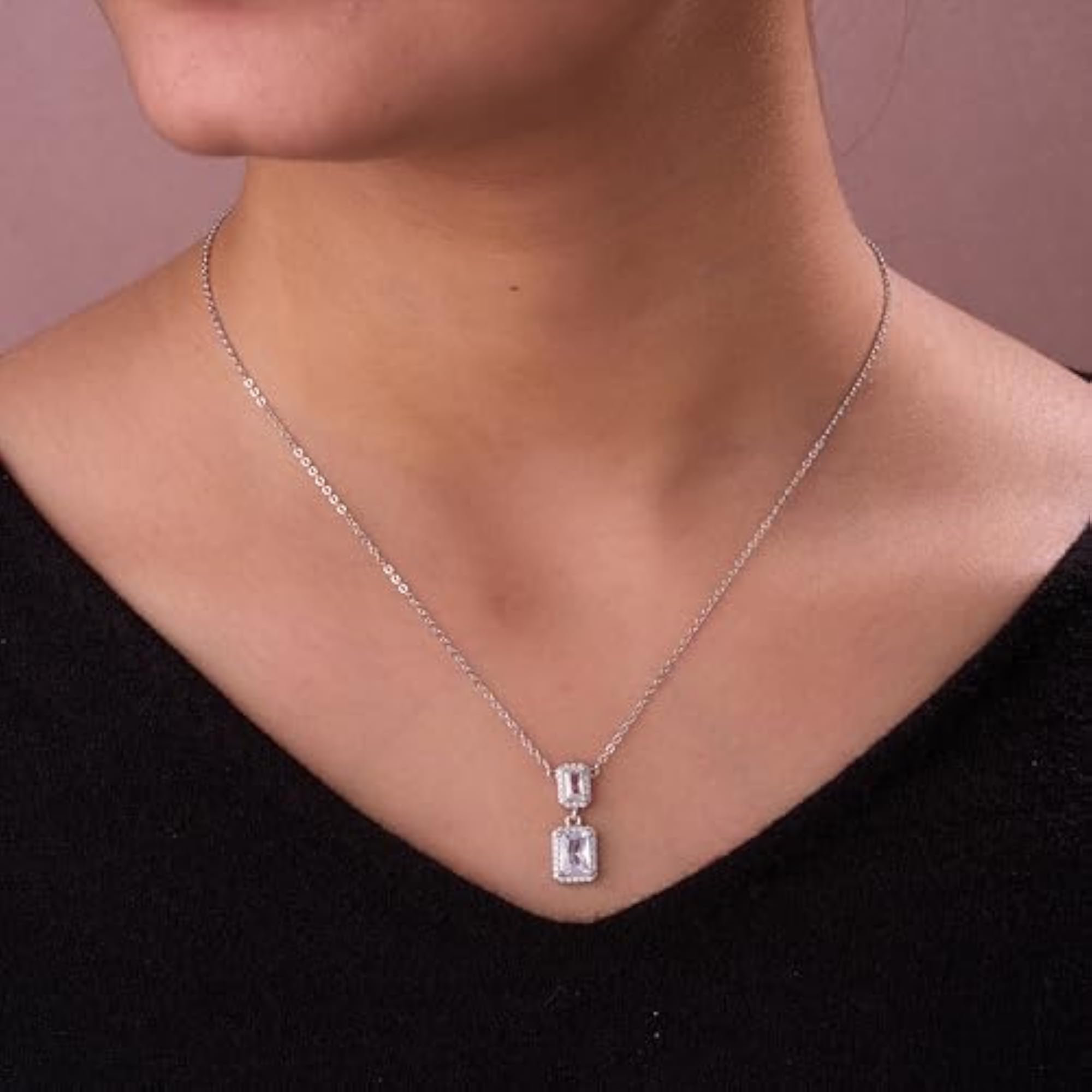 925 Sterling Double Rectangle CZ Pendant Necklace and Drop Earrings Set