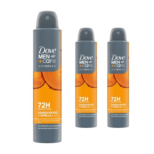 Image of Dove Men+Care Advanced Sandalwood + Vanilla Anti-Perspirant Aerosol Men's Deodorant Spray with moisturising cream for 72 hour sweat protection and anti-bacterial odour control 200 ml Pack of 3