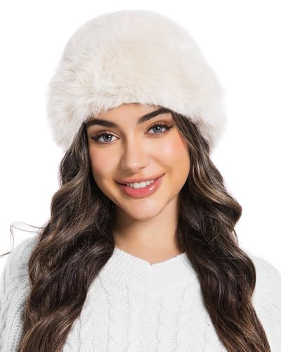 Womens Faux Fur Fluffy Bucket Hat Winter Warm Fuzzy Mongolian Hat Fisherman Cap Beanie (US Alpha One Size White)
