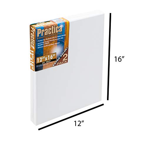 Practica Economy Stretched Cotton Canvas - Acid-Free Acrylic Primed Canvas For Acrylics, Pastels, Graphite, & More! - [20-Pack - 12X16"] #TOP1