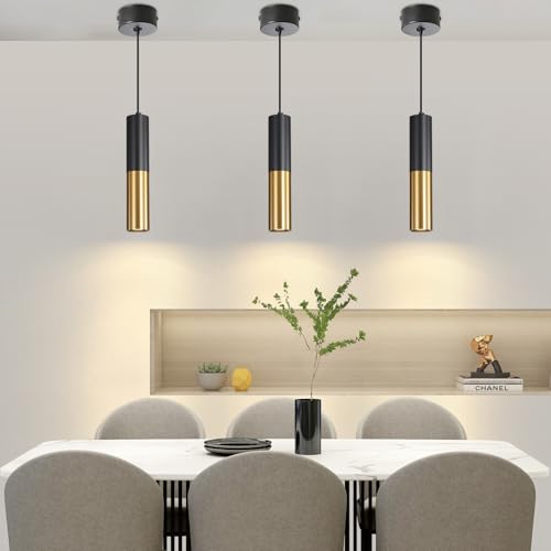 Mikeru Black And Brass Gold Cilindro Sospensione, 3 Temperature Di Colore 3000k/4500k/6500k Lampadari Cilindro Φ6*30cm Per Bancone Led Sospensione Lampada Per Sala Da Pranzo, Ufficio E Bar-3Pack