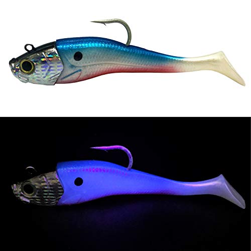 Mega Fishing Norwegen UV Shad Meeresköder - Gummifisch + Jigkopf - Dorsch Köder - 20cm / 300g & 26cm / 440 g (Fluo Blau-Weiß-Rot - 20cm / 300g)