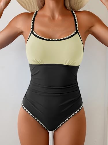Image of Eomenie Women's One Piece Swimsuit Tummy Control Slimming Bathing Suit Ruched Swimwear Tie Back Shell Stitch Swim Suit