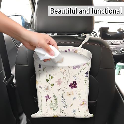Image of Car Trash Can, Hanging Garbage Bin for Men and Women, Cute Car Organizer and Storage Bag, Canvas Vehicle Trash Can Bag Easy-to-Install Cute Purple and White Floral