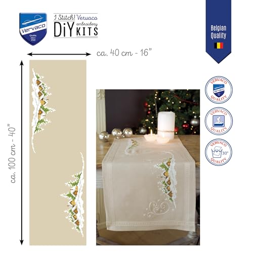 Image of Vervaco Embroidery Christmas Embroidery Kits Cross Stitch Table Runner DIY Set, Tablecloth to Embroider with Image on Cotton and Embroidery Thread, 16 x 40 Inches, Snow Village