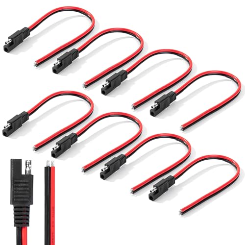 Bates- SAE Connector Cable, 12 Inch, 8 Pack, 14 AWG, 2 Pin Single Plug Quick Disconnect, SAE Extension Cable for Motorcycles, Cars, Solar Panels, Trolling Motors & Chargers