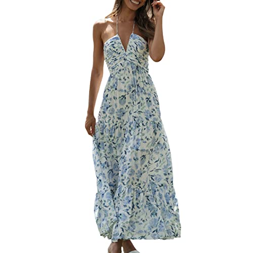 Women Floral Halter Neck Maxi Dress Summer Tie-Up Sleeveless Backless Long Dress Flowy Ruffle Sundress4