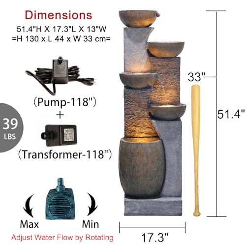 Image of Bumilgar Tall Outdoor Water Fountain 51.4 in Waterfall 5-Bowl