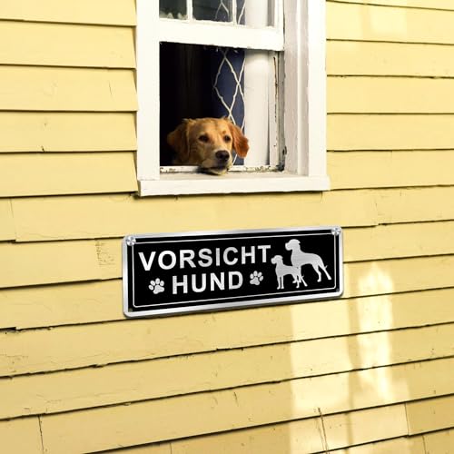 SINMAO Vorsicht Bissiger Hund Schild lustig mit 2 Hunde und Hundepfote 25x9cm Gebürstetes Aluminium, mit Vorlochung zum Aufhängen oder Annageln an die Wand Erhältlich