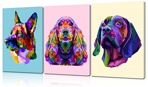 Mistyefly Colorful Dog Canvas Wall Art with Built-in Wooden Frame - Dog Room Decor, Animal Wall Art & Pet Painting for Pet Shop Decor & Office - Lightweight, Ready to Hang, 20x28x3 Inches