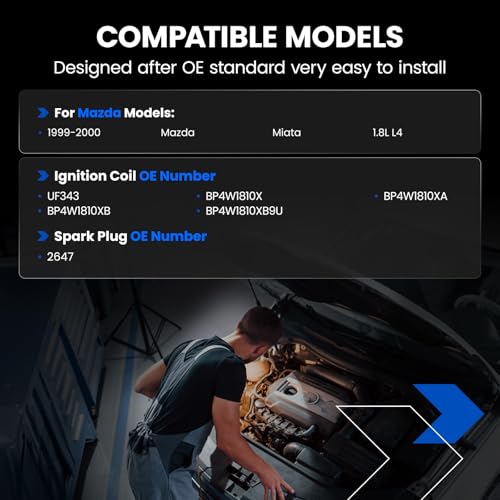 Image of 1-Pack UF343 Ignition Coils & 4-Pack 2647 Spark Plugs Kit Compatible with Mazda Miata 1999-2000, 1.8L L4 - Replaces BP4W1810X BP4W1810XA BP4W1810XB & more