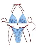 WDIRARA Women's 2 Piece Swimsuit Cherry Print Bikini Set Halter Triangle Bikini Side Tie String Bathing Suits Blue X-Small