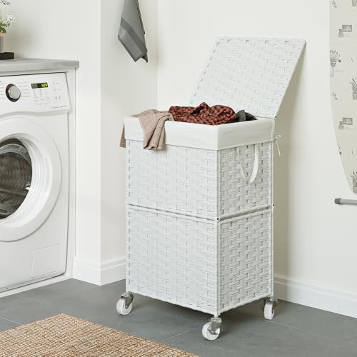 Chrislley 90L Slim Laundry Hamper with Wheels, Rolling Laundry Basket with Lid and Renovable Liner Bag, Handwoven Rattan Organizer for bedroom, bathroom, laundry room (White) by Chrislley - Image 2