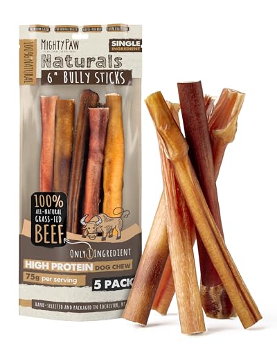 Mighty Paw Naturals Bully Sticks for Small & Medium Dogs - Grass Fed Beef Chews. Bully Sticks for Large Dogs. Lower Odor Stick Treat. Single Ingredient (6" - 5 Pack)