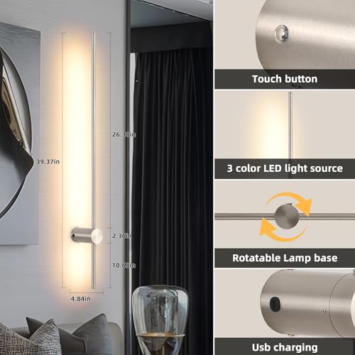 Image of Battery Operated Wall Sconces with Remote, Dimmable 3000K-6000K /Timer /Memory LED Wall Lamp, 350Rotate, USB Rechargeable Wireless wall lights for Living Room, Bedroom Brushed Nickel 39.3 inch (2 Pack)