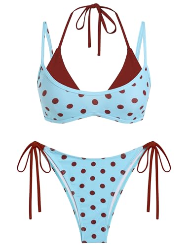 Image of ZAFUL Women's Polka Dot Bikini Set Double Layer Halter Swimsuit Colorblock Side Tie 2 Piece Bathing Suit