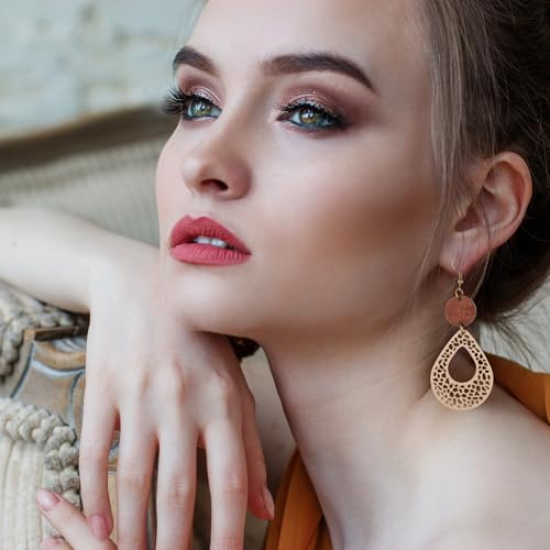 6/9 Pairs Boho Earrings Vintage Wooden Geometric Leather Earrings Flower Earrings Handmade Big Bohemian Trendy Earrings for Women3