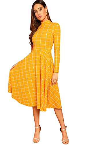 Floerns Women's Fit and Flare Plaid High Neck Long Sleeve Midi