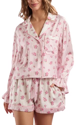 Image of Yiulangde Valentines Heart Bow Pajamas for Women Silk Satin Ruffle Shorts Pjs Tie Front Long Sleeve Shirts Pajamas with Bows