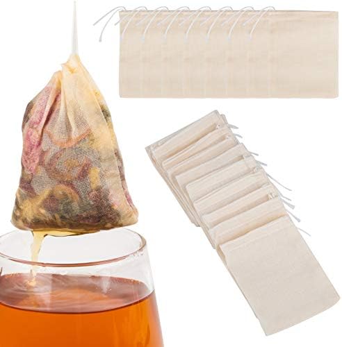 LODROC 50 Pieces Tea Filter Bags, 100% Cotton Drawstring Muslin Bags Reusable Mesh Snack Spices Bags Coffee Loose Leaf Tea Infuser Crafts Soap Nuts Gift Bag for Office Home Kitchen(3.1 x 3.9 inch)