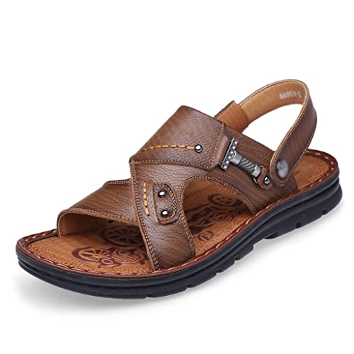 Men's Beach Shoes Sandals Cow Leather Slippers Breathable Purpose Men's Sandals(41)