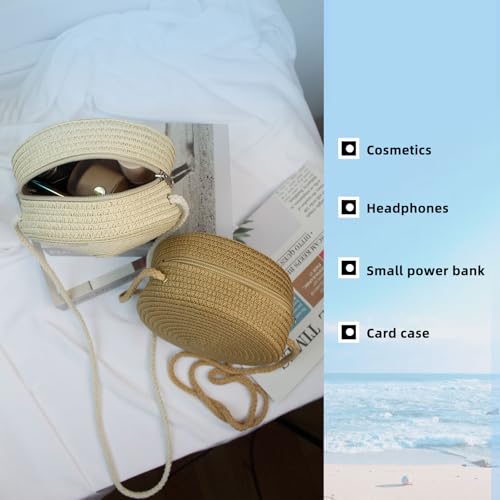 Image of Women Straw Crossbody Bag, Fashion Woven Shoulder Bags with Zipper Closure, Summer Beach Bag for Travel Daily Use (Khaki)
