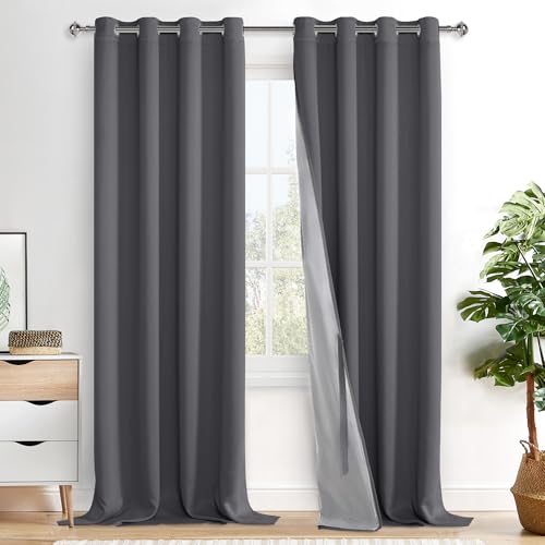 XWZO Paneles de cortina 100% opacos, extralargas, con aislamiento térmico, cortinas de forro negro, cortinas de reducción de ruido y bloqueo de calor para dormitorio con alzapaños, gris oscuro, 52