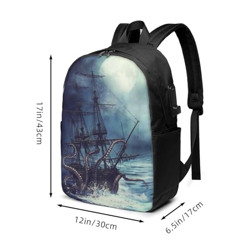 Pirate Ship Octopus Tentacles Backpack, 17 Inch Travel Business Laptop Backpack With USB Port for Women Men3