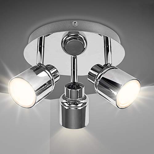 DINGLILIGHTING 3 Way Round Plate Led Ceiling Spotlight for Bedroom, Kitchen (3000K Warm White) Polished Chrome Led Kitchen Light Ceiling(3X3W GU10 Bulbs Included)