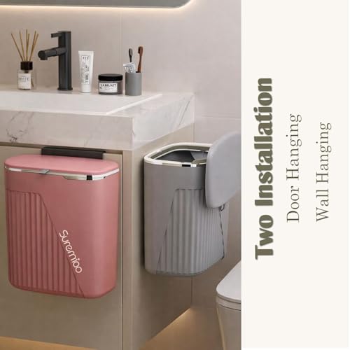 Image of Kriva Hanging Trash Can for Kitchen Cabinet Door with Lid | Small Under Sink Garbage Can Trash Bin for Bathroom,Wall Mounted Counter Waste Kitchen Dustbin, 1 Pc (Grey)